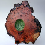 Steve Miller, Fine Art Woodworking, CHERRY BURL SCULPTURAL PLATTER, carved, textured, pyrography, acrylics, 13.75 inches wide x 13.5 inches high x 5 inches deep.-001